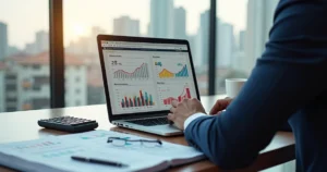 Contador analisando gráficos de impostos em notebook com destaque para aumento da carga no Lucro Presumido