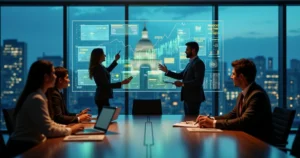 Executivos de tecnologia analisando incentivos fiscais em painel digital com gráficos e ícones de impostos