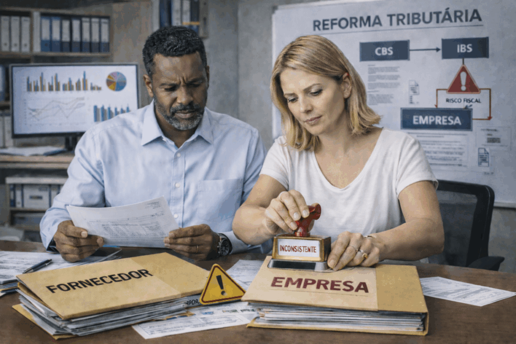 Executivos analisando risco fiscal de fornecedores em painel financeiro digital