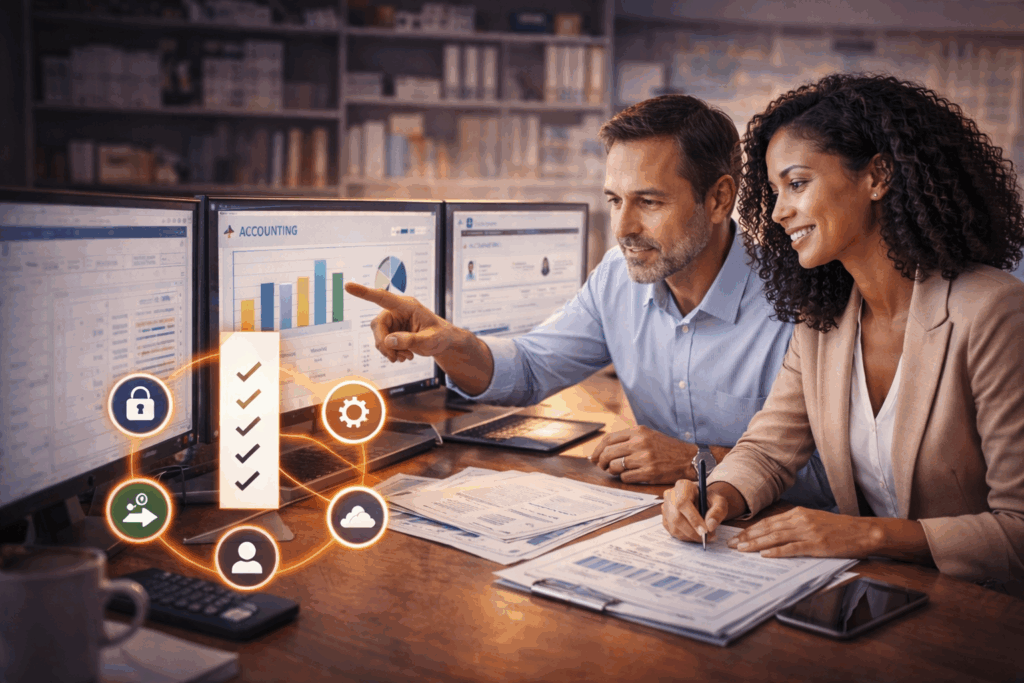 Contador analisando sistema contábil na tela com dashboards e integrações