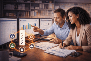 Contador analisando sistema contábil na tela com dashboards e integrações