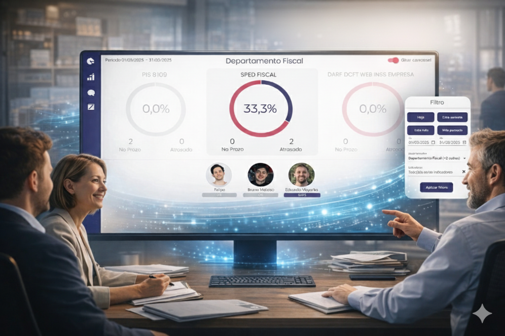 Painel com dashboard contábil em tempo real mostrando KPIs e status de tarefas