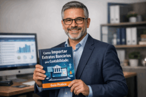 Contador analisando extratos bancários digitais no escritório