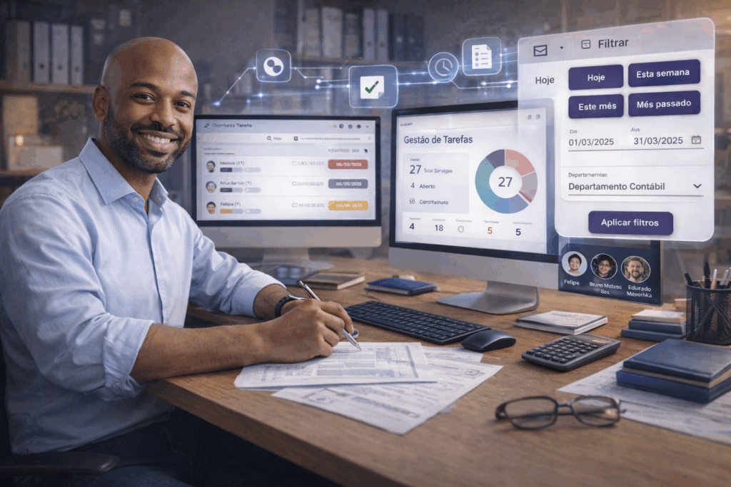 Equipe contábil analisando painel digital de gestão de tarefas e prazos