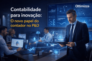 Contador analisando dados de inovação ao lado de equipe de P&D em ambiente corporativo moderno