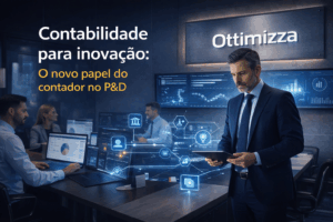 Contador analisando dados de inovação ao lado de equipe de P&D em ambiente corporativo moderno