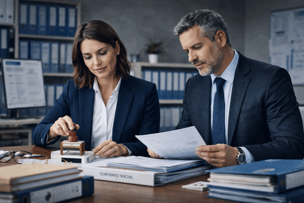 Equipe de setor societário organizando documentos em escritório contábil moderno