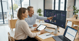 Equipe contábil em escritório moderno usando sistema de automação financeira em telas grandes