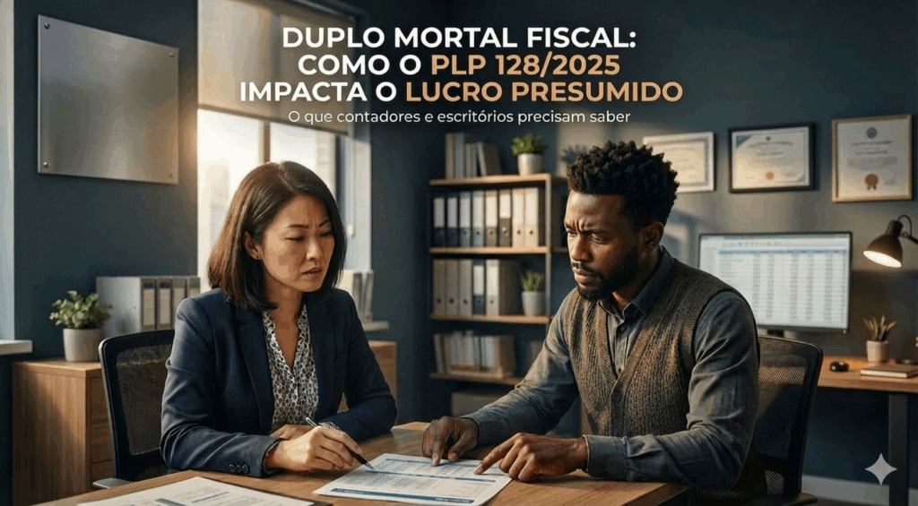 Contador analisando gráficos de impostos em notebook com destaque para aumento da carga no Lucro Presumido