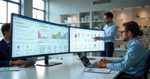 Equipe contábil em escritório moderno usando sistema de automação financeira em telas grandes