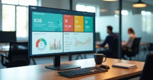 Painel com dashboard contábil em tempo real mostrando KPIs e status de tarefas