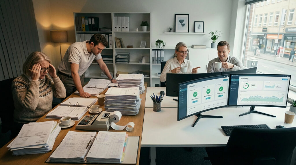 Profissionais contábeis analisando tela com automação de lançamentos contábeis