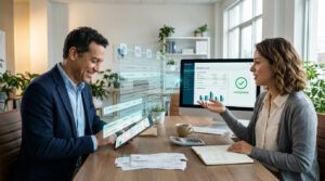 Profissional analisando painel de conciliação contábil automática em escritório moderno