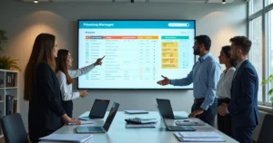 Equipe contábil analisando painel digital de gestão de tarefas e prazos