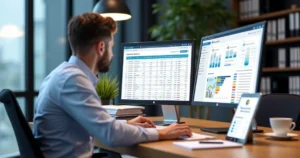 Contador analisando extratos bancários digitais no escritório
