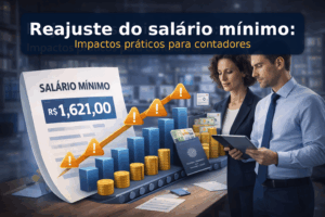 Contador analisando reajuste do salário-mínimo no escritório com gráficos financeiros