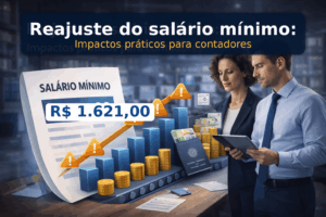 Contador analisando reajuste do salário-mínimo no escritório com gráficos financeiros
