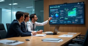 Executivos analisando risco fiscal de fornecedores em painel financeiro digital