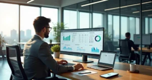 Contador analisando sistema contábil na tela com dashboards e integrações