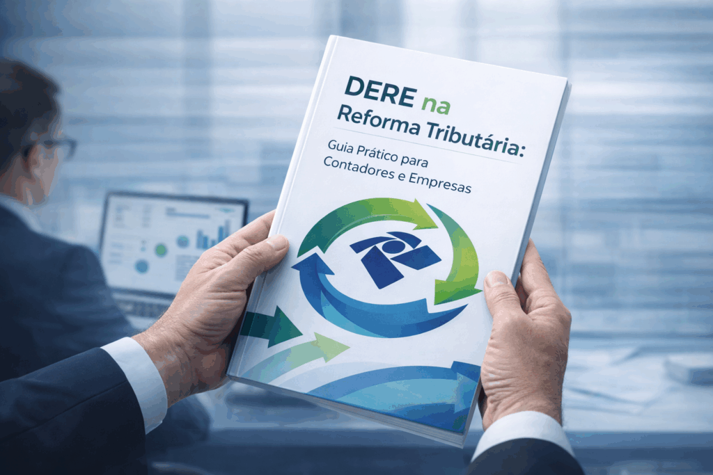 Contador analisando tela com gráficos sobre reforma tributária e DERE
