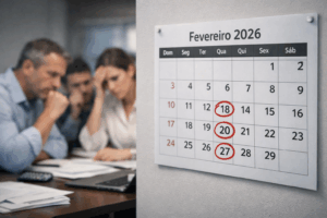 Profissional contábil analisando agenda tributária de fevereiro em computador em escritório moderno