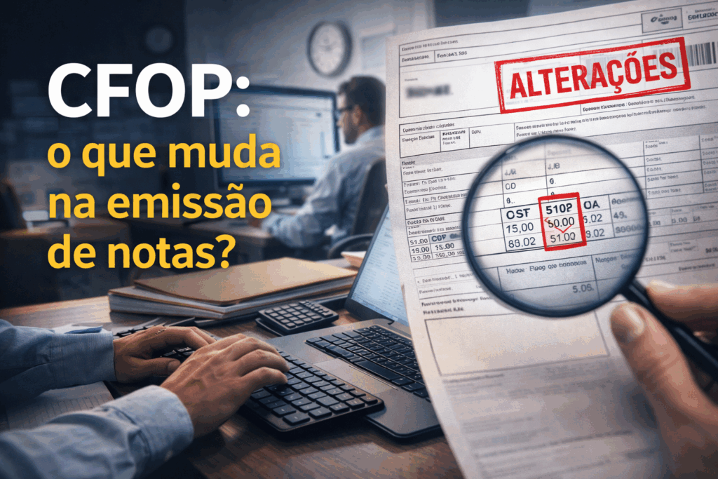 Contador analisando CFOP em nota fiscal eletrônica no computador
