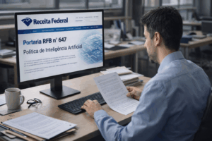 Contador analisando dados fiscais em painel digital com ícones de inteligência artificial e Receita Federal