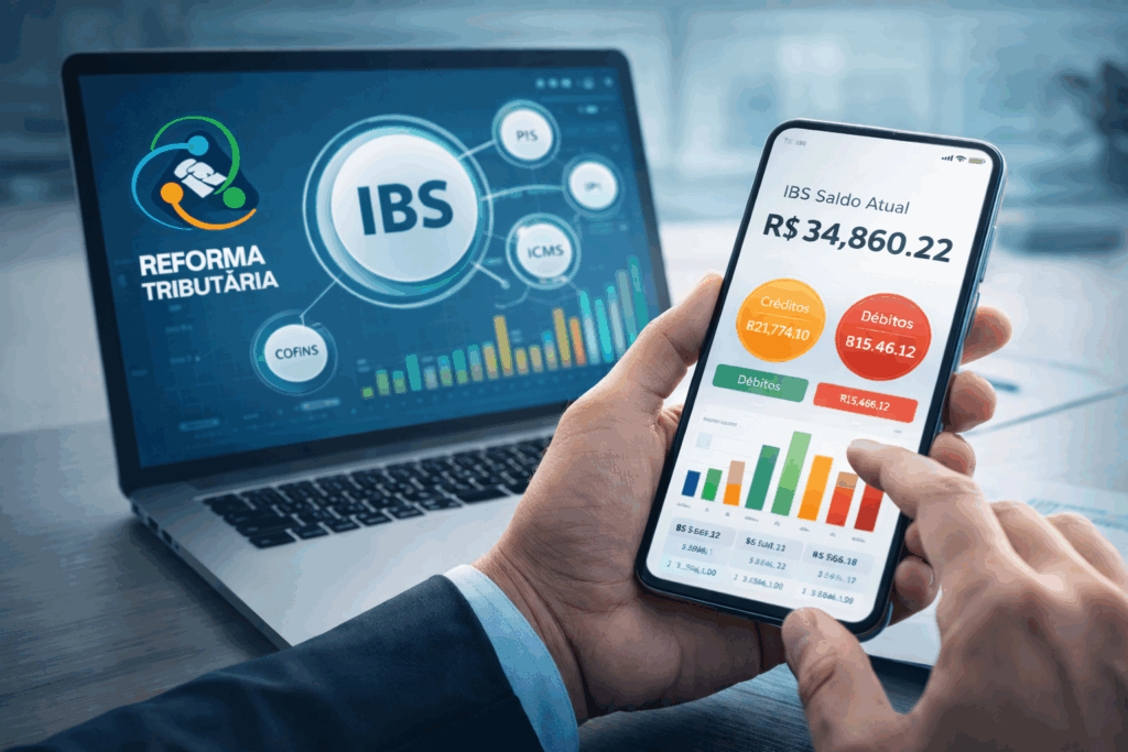 Contador analisa painel digital com saldos e créditos de IBS em tempo real