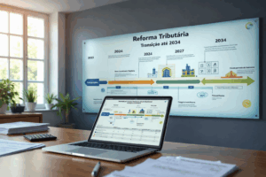 Calendário de reforma tributária com linha do tempo até 2033 em escritório de contabilidade