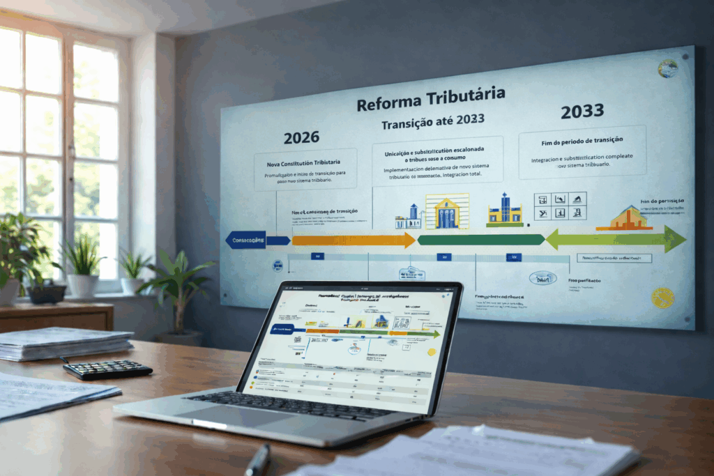 Calendário de reforma tributária com linha do tempo até 2033 em escritório de contabilidade