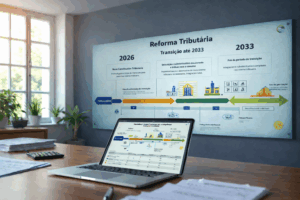 Calendário de reforma tributária com linha do tempo até 2033 em escritório de contabilidade
