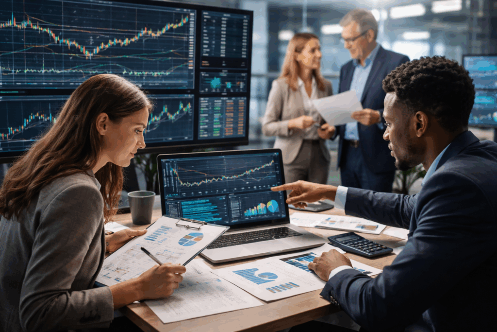 Contador analisando gráficos financeiros digitais em mercado de capitais