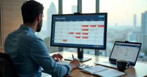 Profissional contábil analisando agenda tributária de fevereiro em computador em escritório moderno