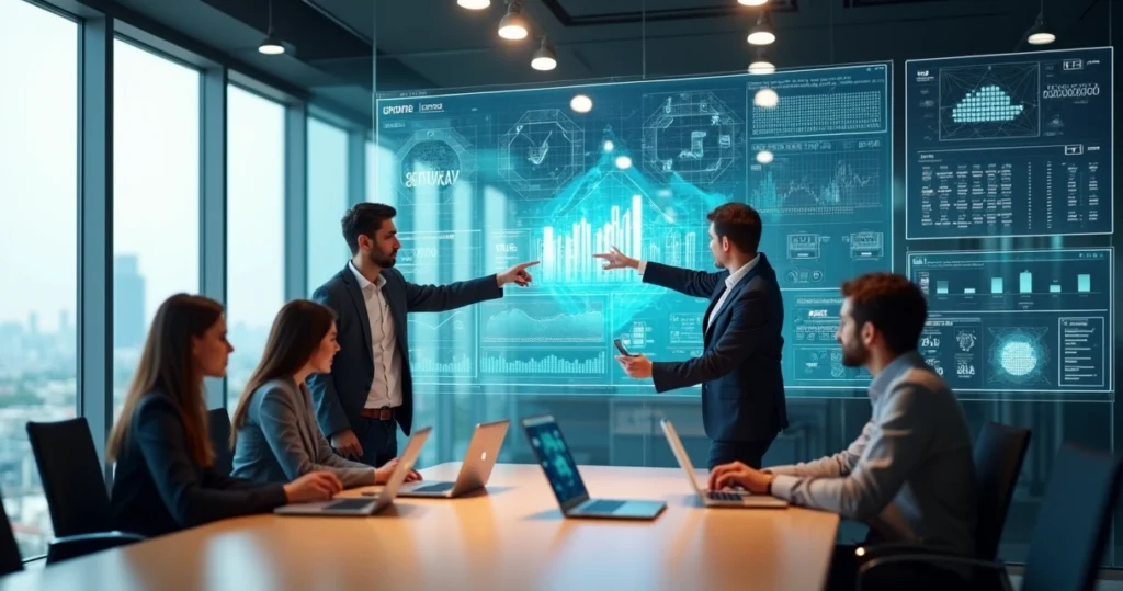 Profissionais de contabilidade 4.0 em escritório moderno com dados digitais ao fundo