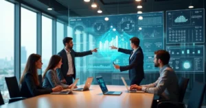 Profissionais de contabilidade 4.0 em escritório moderno com dados digitais ao fundo