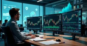 Contador analisando gráficos financeiros digitais em mercado de capitais