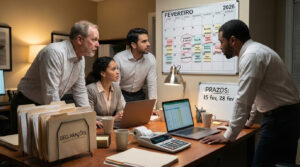 Profissional contábil analisando agenda tributária de fevereiro em computador em escritório moderno