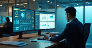 Contador analisando dados fiscais em painel digital com ícones de inteligência artificial e Receita Federal