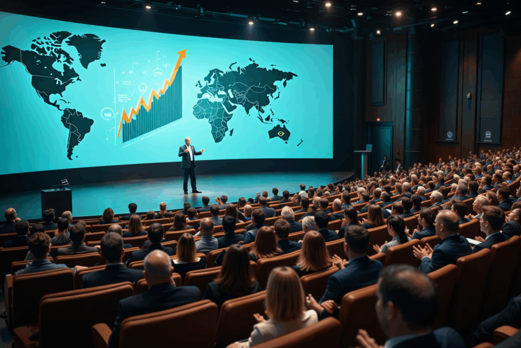 Auditório de contadores aplaudindo palestrante em evento de destaque profissional