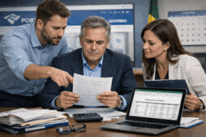 Empreendedor e contador vendo na tela opções para regularizar débitos do Simples Nacional