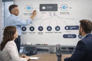 Contadora em mesa redonda colaborando com IA em painel holográfico