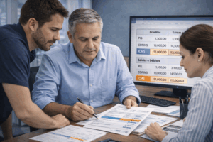 Planilha com destaque visual de linha de ICMS entre tributos PIS e COFINS