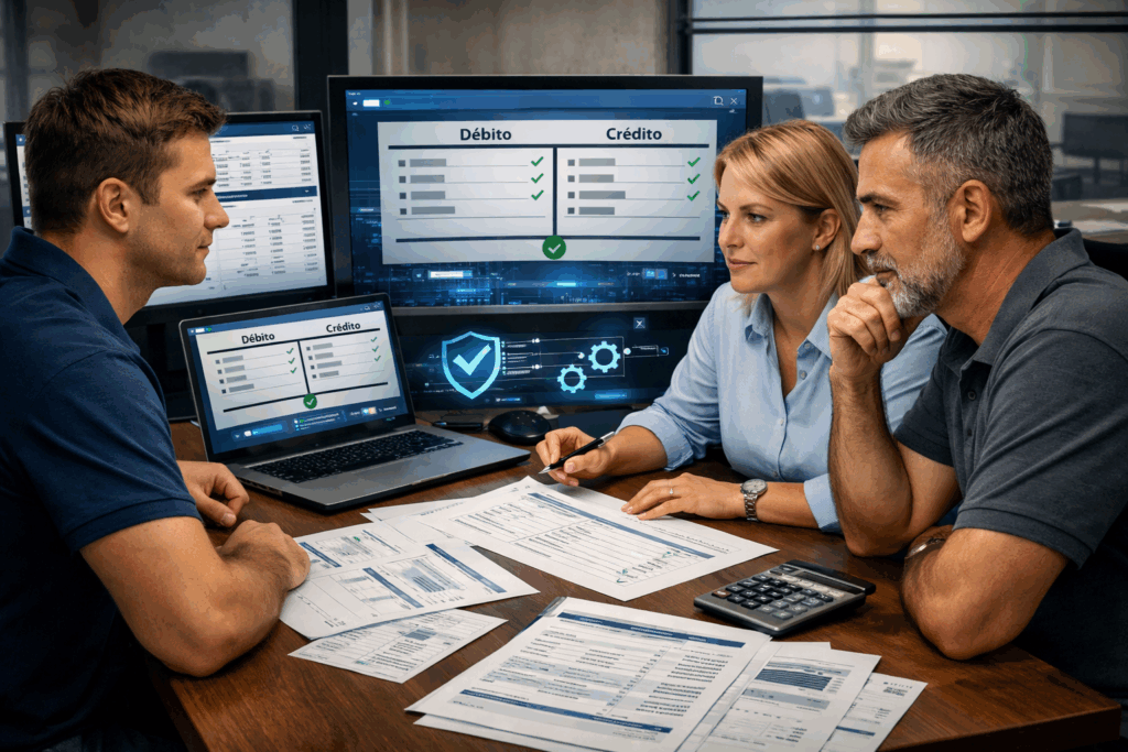 Razonete contábil digital em painel com IA automatizando conciliações