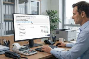 Painel de automação cobrando documentos em escritório contábil organizado