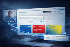 Extratos bancários digitais conectados em nuvem com escritório contábil ao fundo