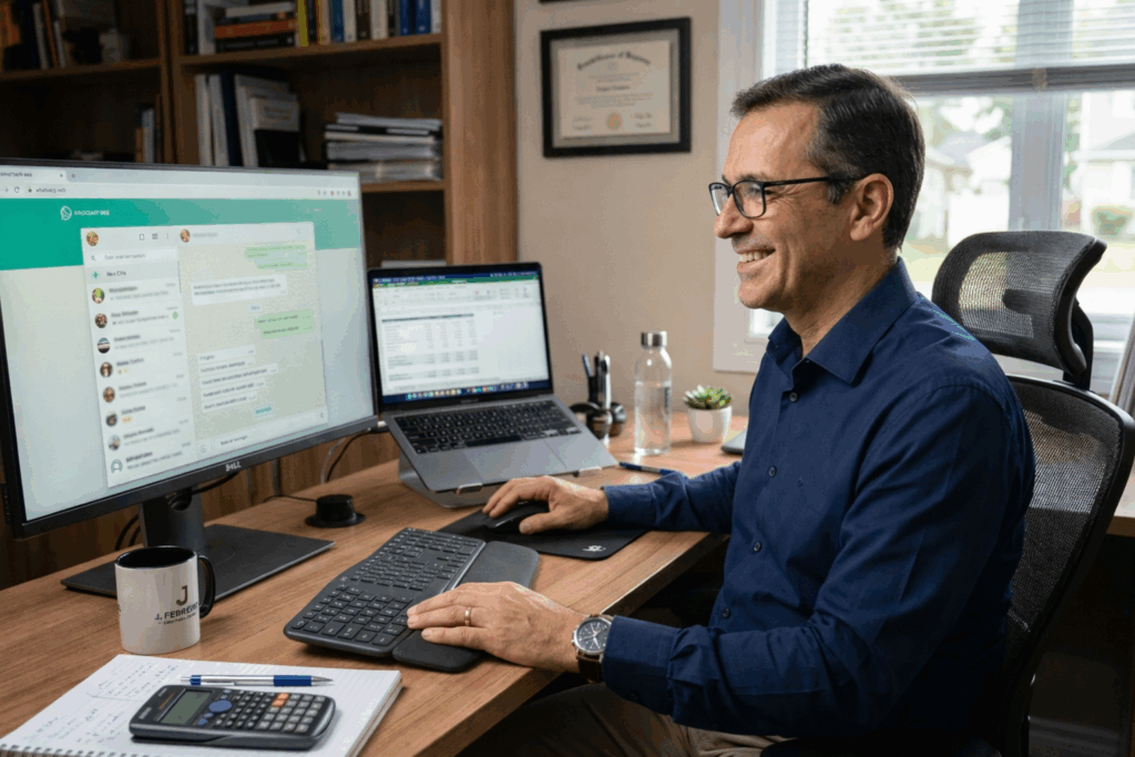 Central de atendimento contábil com chatbot inteligente gerenciando mensagens de clientes