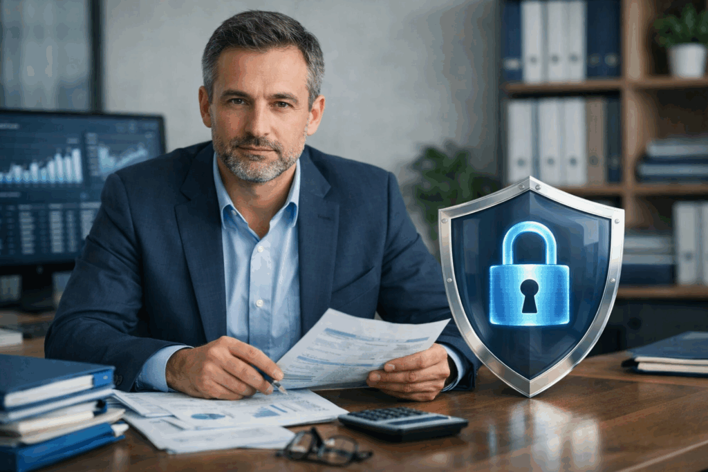 Cofre digital protegido com ícones de dados financeiros flutuando ao redor