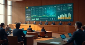 Mesa de julgamento do CARF diante de painel digital com dados de receitas financeiras e tributos PIS COFINS