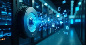 Cofre digital protegido com ícones de dados financeiros flutuando ao redor