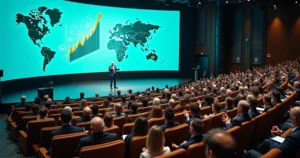Auditório de contadores aplaudindo palestrante em evento de destaque profissional